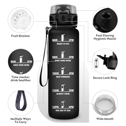 KollyKolla Gourde 1L Sport, Gourde Sport, Bouteille d'eau 1 Litre avec Marqueur de Temps et Filtre, Étanche, sans BPA, Water Bottle pour Enfant, l'école, Cyclisme, Fitness, Yoga, Bureau, Gym