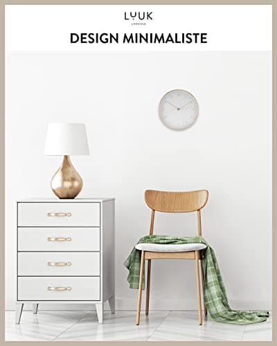 LUUK LIFESTYLE Horloge Murale silencieuse avec mécanisme à Quartz, Design scandinave, décoration pour Bureau, Cuisine, Couloir, Salle à Manger, en Blanc et Or