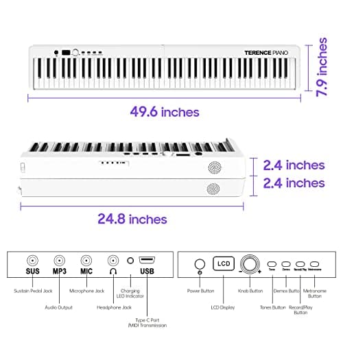 TERENCE Pliable Piano Numérique avec 88 Touches semi-lestées et Batterie de 1800mAh et interface USB MIDI support de partitions Bluetooth Sacs pour Clavier Câble audio Casque Pédale de sustain Blanc