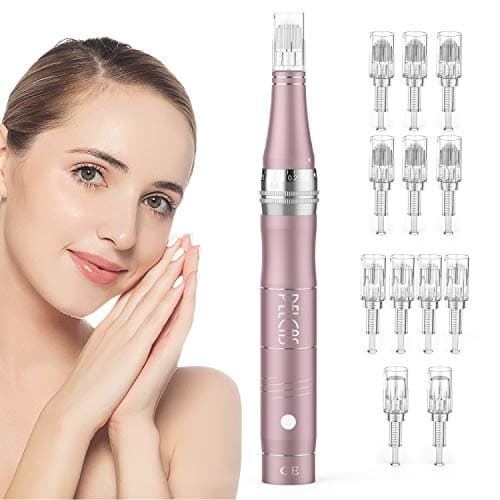 PELCAS Microneedling pour Visage, Dermapen Microneedling Professionnel avec 12 Aiguilles et 3 Vitesses - Soins Visage/Cou/Contour des Yeux, 0-2mm Stylo Microneedling