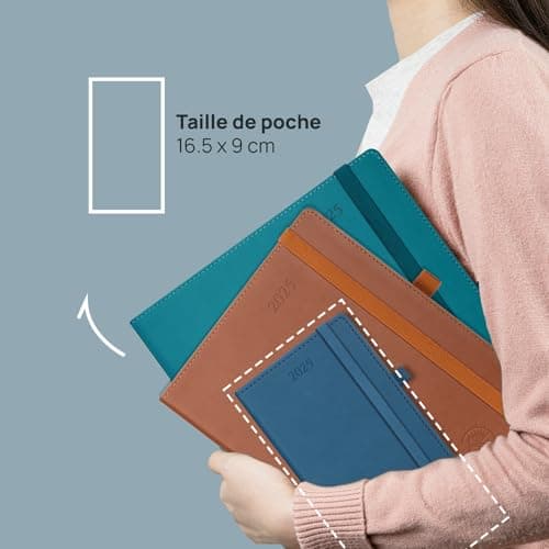 POPRUN Agenda de Poche 2025 16,5 x 9 cm - Couverture Rigide en PU Cuir, Petit Planner Semainier D'Jan 2025 à Déc 2025-12 Mois, Avec signet à 2 rubans, Papier Certifié FSC® 100 g/m2, Bourgogne