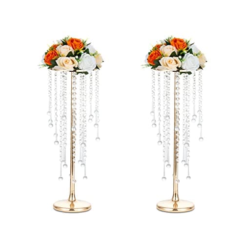 Sziqiqi 55cm Doré Centre de Table Mariage Vase avec Chaîne en Cristal - 2 Pièces Vases Centre de Table Fleur en Métal Vase Mariage Haut Anniversaire Bapteme Noel Communion Nouvel
