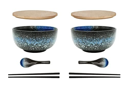 Cteahrow Bol à ramen en céramique 2 ensembles (8 pièces) avec baguettes cuillère, grand bol à soupe 1100 ML, bols à salade pour soupe, pho et bol à sushi (Ensemble de 2 bols bleus)