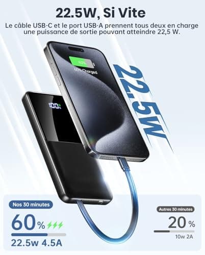 Batterie Externe 10000mAh avec Câbles Intégrés, 22.5W PD3.0 QC4.0 Batterie Externe USB C Câble Charge Rapide Batterie Portable 4 Sorties avec Affichage LED Compatible avec iPhone Samsung Huawei Xiaomi