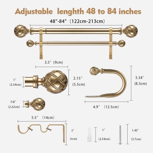 Ycolnaefllr - Tringle à Rideaux De 1 Pouce De DiamèTre, Or Chaud, Avec Embout En RéSine, 121-213cm, Avec Pattes De Fixation De Rideaux En RéSine - Tringle à Rideaux Extensible Double