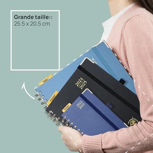 POPRUN Agenda 2025 Semainier 25,5 x 21,5cm D'août 2024 à déc 2025, Planner Vertical Scolaire 17 Mois avec Couverture Rigide Spirale, Poche intérieur, Papier Certifié FSC®80 g/m2 - Rose Clair