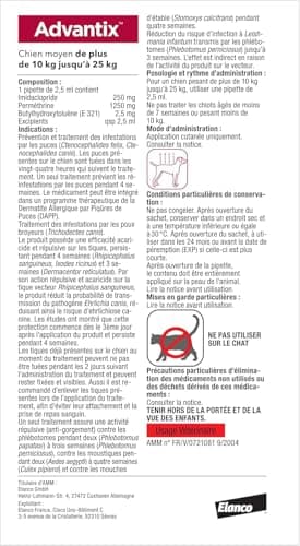 Advantix Chien Moyen entre 10 et 25 kg – Pipettes pour chien contre 6 parasites – Traitement et protection pour votre chien pendant 4 semaines – 6 x 2,5 ml