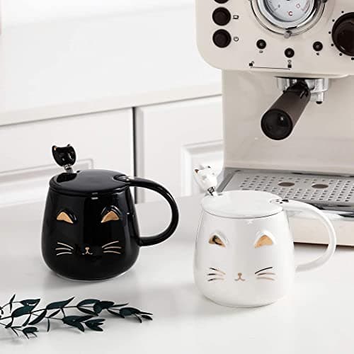 Sevitini Tasse de chat, Tasse a cafe avec cuillère y couvercle, céramique kawaii Mug avec chat, 450ml, Tasses à café, pour les amateurs de chatons,Cadeau de Noël ou d'anniversaire (Noir)
