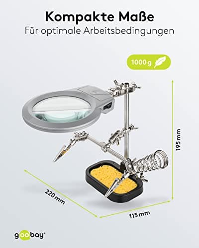 goobay 51226 Troisième main à souder avec loupe et support de fer à souder / l'aide idéale pour tous les travaux de soudure délicats / Ajustable avec Pinces Crocodiles / noir