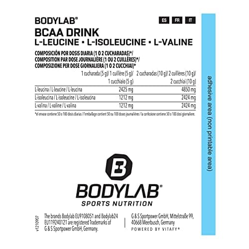 Bodylab24 BCAA Powder 500g, poudre de BCAA hautement dosée, leucine, isoleucine et valine dans un rapport 2:1:1, acides aminés de branche, idéal pour mélanger à un shake de protéines, goût neutre