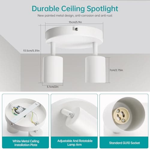 wowatt Spots de Plafond Orientable Blanc, Plafonnier 2 Spots GU10 Moderne, Rampe Spots et Rails de Spots Pivotant, Applique Murale Interieur Rond pour Cuisine Salon Chambre (Sans Ampoule)
