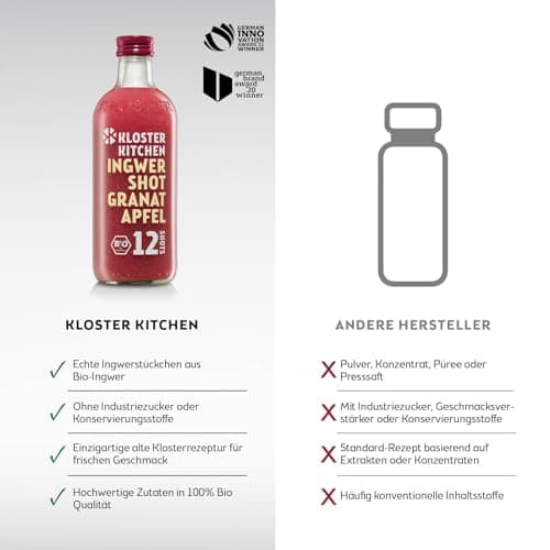 Kloster Kitchen Shot de Gingembre Bio Grenade 12SHOTS 360 ml avec morceaux de gingembre I vegan I bouteille en verre I doux-épicé sans additifs & (incl. 0,25€ consigne non consignée)