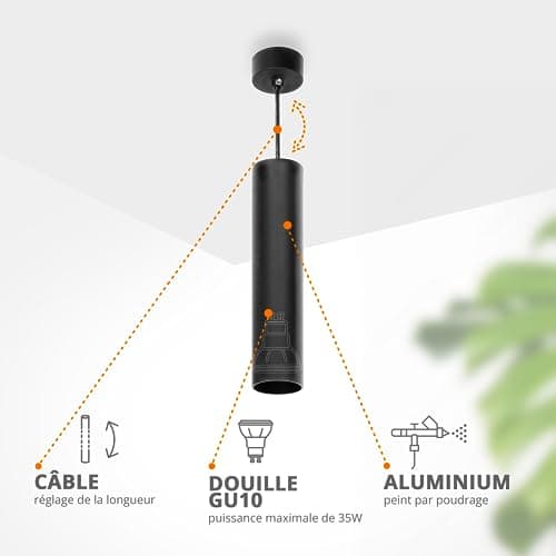 Miratic Suspension Luminaire Max 35W IP20 Rond Aluminium Source Lumineuse Remplaçable GU10 (Source Lumineuse Non Incluse) (noir)