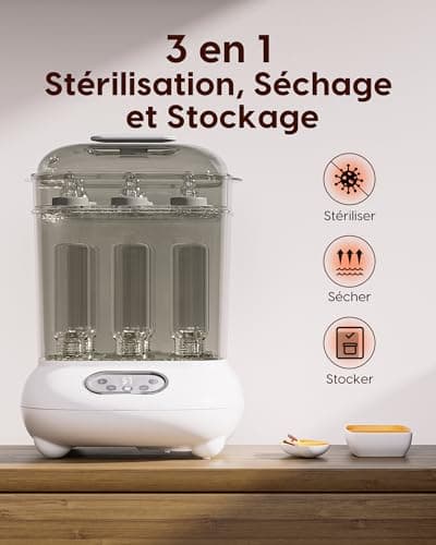 Stérilisateur et Sécheur pour Biberons, Tétines, Pièces de Tire-lait, Jouets de Dentition - Élimine 99,9% des Germes, Reste Stérile et Sèche Pendant 24 Heures, Essentiels pour Nouveau-nés, Bébé