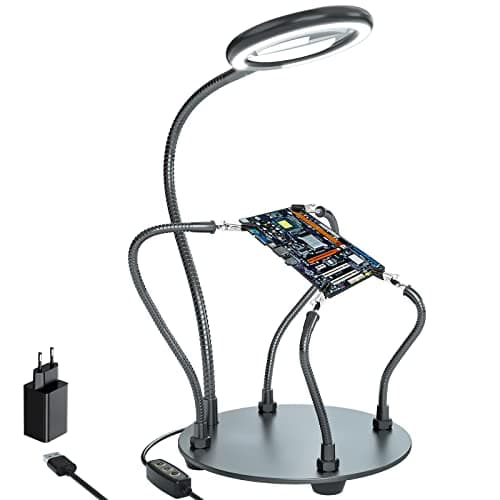 Loupe avec lumière à souder à la troisième main -Grossissement 3X -Lumière du jour -Avec lumière -Avec 28 LED à intensité variable-Base robuste-4 bras flexibles - Pour bricoler, souder, loisirs