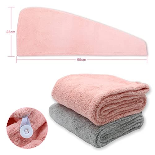 Cheveux Serviette, Rayyl 2 pièces Serviettes de Séchage pour Cheveux avec Boutons, Serviette à Cheveux en Microfibre Super Absorbante Cheveux Secs Rapidement pour Femmes