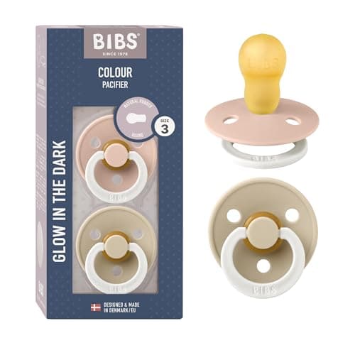 Tétine BIBS Colour Glow. Lot de 2 sucettes. Brillent dans le noir. Sans bisphénol A, Téterelle ronde. Latex de caoutchouc naturel. Taille 3 (Lot de 2), Blush NIGHT/Vanilla NIGHT