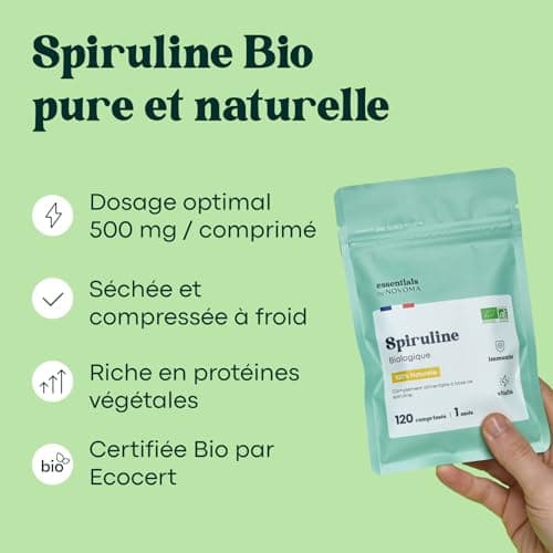 Spiruline Bio 500 mg, Pure et Naturelle, Cure de 1 mois, Réduit la Fatigue, Favorise l'Immunité, 120 Comprimés Vegan, Riche en Protéines et Phycocyanine, Essentials by Novoma