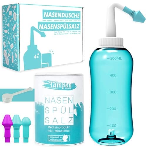 Tampen Douche nasale avec 120x Sel de rinçage nasal (300g) et 1 cuillère à mesurer · Lavage nez pour Adultes et Enfants premium
