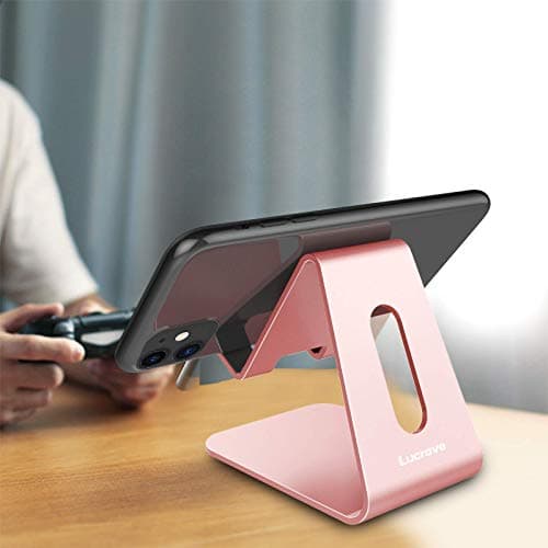 Lucrave Support Téléphone, Support de Bureau en Aluminium Compatible avec iPhone 16 15 14 13 12 Mini Pro Max XS Max XR X Se 8 7 6 6s Plus Huawei Mate 60 Pro, Samsung S23 S22 S21-Or Rose