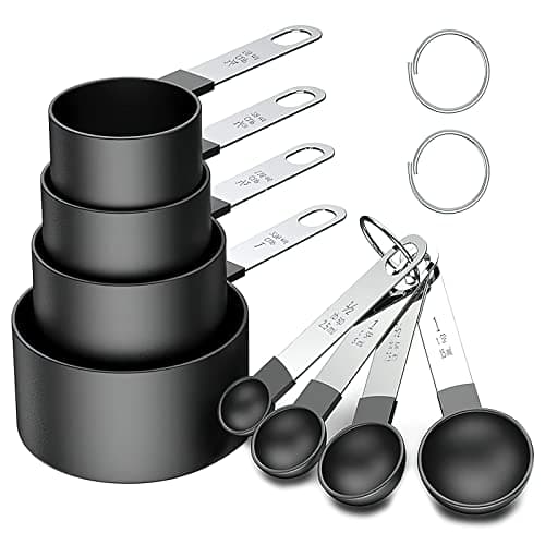 Measuring Cups, HENGBIRD Ensembles de cuillères doseuses, Lot de 8 Ensemble cuillère à mesurer et Tasse à mesurer avec poignées en acier inoxydable pour liquides et solides (Noir)