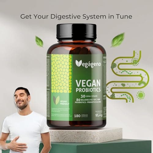 Vegágeno Probiotique Flore Intestinale 180 gélules végétales, 30 souches bactériennes avec zinc, 80 milliards UFC - Probiotique Flore Intime. Prebiotique et Probiotique. Convient aux végétaliens.