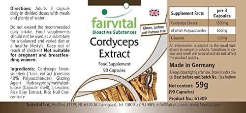 Fairvital | Cordyceps extrait 500mg Fortement dosé - 90 capsules - Cordyceps Sinensis - standardisé à 40% polysaccharides