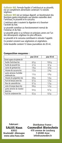 Salus Gallexier Bio - Complément Alimentaire Liquide à Base de Pissenlit et d'Artichaut et 12 Extraits Végétaux - Facilite la Digestion et le Bon Fonctionnement du Foie et de l'Estomac - 250 ml