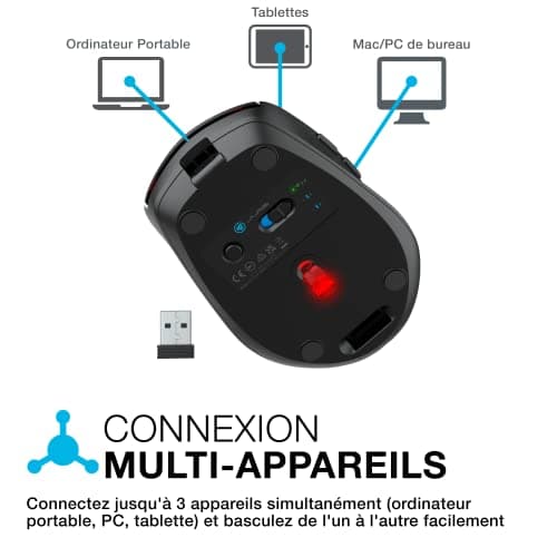 JLAB GO Charge Souris sans Fil Bluetooth, Souris Silencieuse Rechargeable et Ergonomique, Connexion Bluetooth ou Récepteur USB Multi Appareils, Souris pour PC Portable/Ordinateur/Téléphone/Tablette