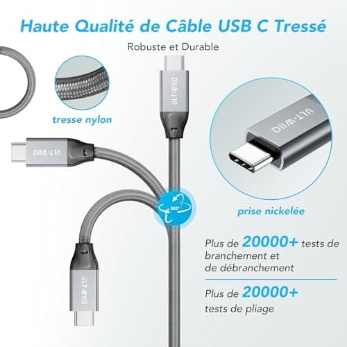 ULT-WIIQ 240W PD 3.1 Câble USB C vers USB C 3.2 Gen 2x2 Charge Rapide 20Gbps Haute Vitesse Transfert de Données 4K@60Hz Vidéo Nylon Tressé Câble USB C pour iPhone 15 Pro MacBook Samsung 2M