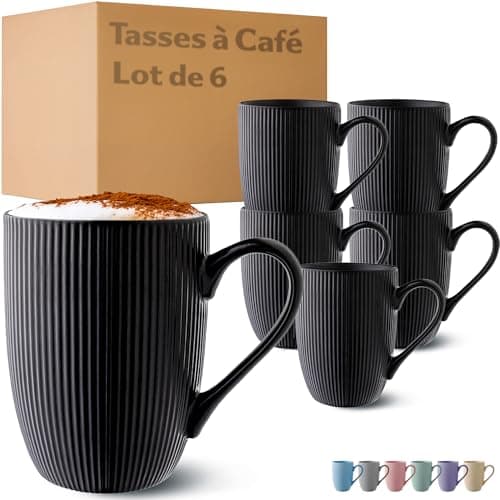 Cosumy Tasse à Café - Lot 6 Tasses à Café Noir - Modèle Unique - Céramique Mate - Résistant Micro-Ondes & Lave-vaisselle - Poignée Confortable