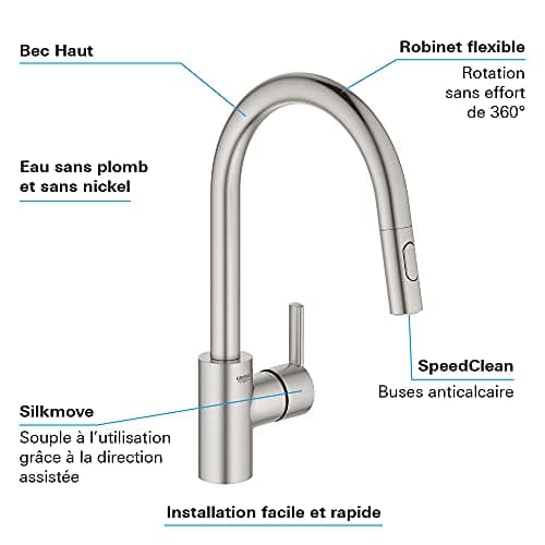 GROHE Robinet de cuisine évier Feel, Robinet Cuisine Douchette Extractible, Inverseur 2 jets, Zone rotation 360°, Installation et nettoyage facile, Supersteel, 31486DC1 (Import Allemagne)