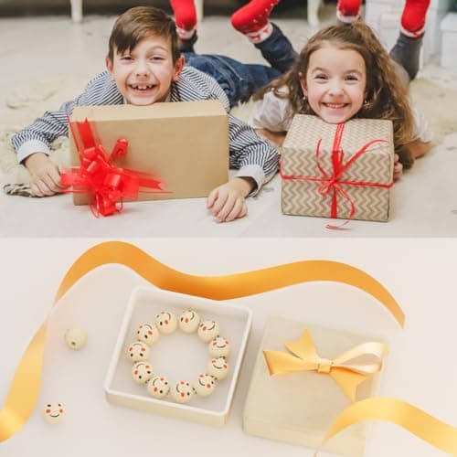 SUTOUG Lot de 50 perles rondes en bois avec tête de poupée souriante de 20 mm avec trou de 5 mm pour bricolage, bracelet, macramé, collier, bijoux, poupée