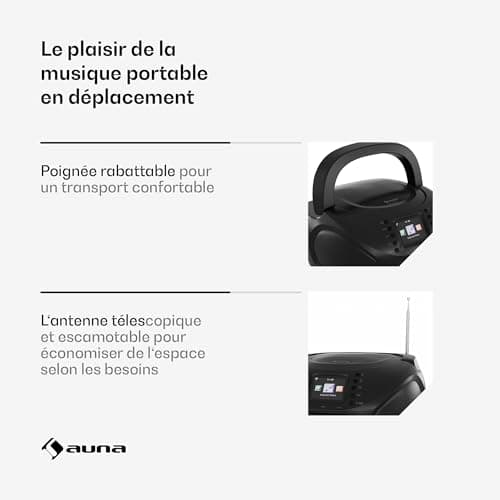 AUNA Roadie Smart Lecteur CD Portable – Bluetooth Boombox avec Radio Dab+/FM/Internet, Lecteur CD/Mp3, Écran Tft 2,4", Batterie, Haut-Parleurs 3W, USB/Aux, Noir
