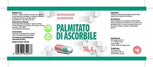 Palmitate d'ascorbyle 500mg 120 gélules végétaliennes, très puissantes, sans agents de remplissage ou de charge, sans OGM