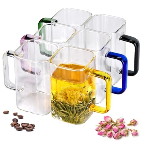 QHYK Verres transparents, Lot de 6 tasses, Verres à bouche carrée avec poignées colorées, 300ml, Parfaites pour à thé, jus, café, boisson, usage quotidien ou fête, restaurant, mariages