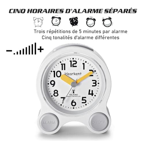 Hearkent Réveil Parlant avec Un Son agréable à la française, rétro - éclairé et 5 Ensembles de réveils indépendants pour Les aveugles, Les malvoyants et Les Personnes âgées (Tout Noir)