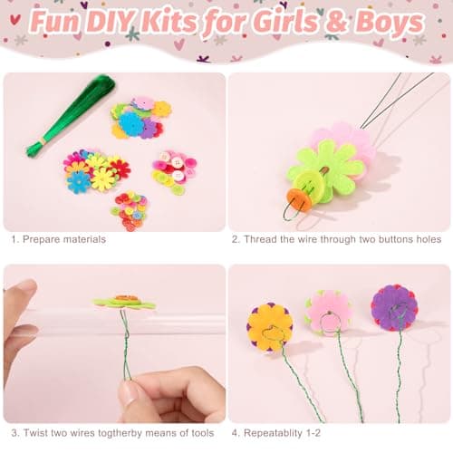 Wisplye Fleurs Bricolage Enfant Kit, Faire Votre Propre Bouquet de Fleurs avec Boutons et Fleurs en Feutre, Fleurs Artisanat Jouets Cadeaux pour Filles Garçons Âgés de 4 5 6 7 8 9 10 11 12 Ans