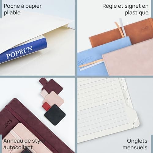 POPRUN Agenda 2025 Semainier et Carnet de Notes Moyen 22 x 16,5 cm - Couverture en Cuir Weekly Planner D'Jan 2025 à Déc 2025, Onglets Mensuels, Papier 100 g/m2, Rose Doux-SPK