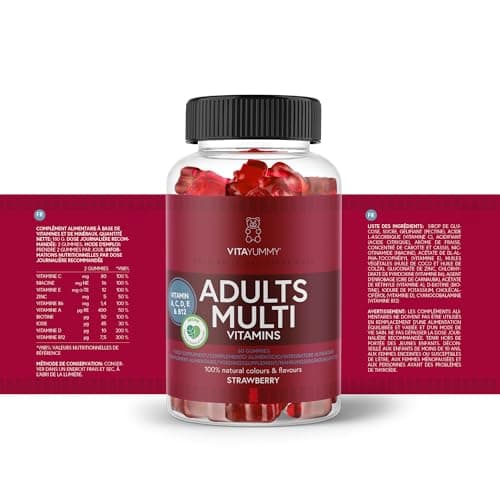 Gommes vitaminées Multivitaminés VitaYummy au Goût Fraise pour Adultes - Oursons Gélifiés Végétaliens en Supplément Alimentaire -Vitamine A,C,D,B12 et Zinc, Soutient le Système Immunitaire, 60 bonbons