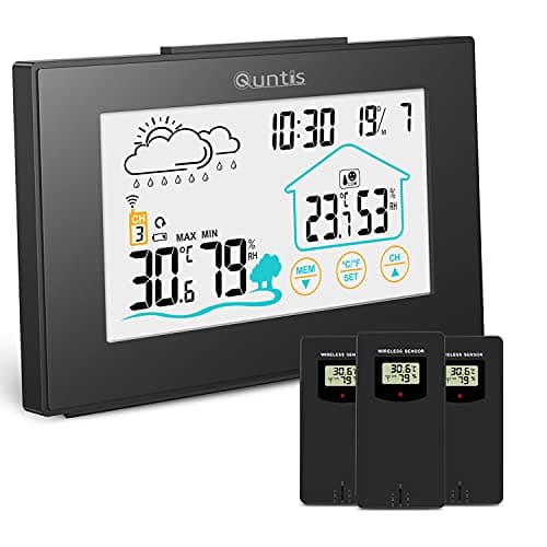 Station Météo, Quntis Thermomètre Hygromètre 3 Canaux Sans Fil Intérieure Extérieure avec Ecran Tactile à Capteur Extérieur, Thermomètre Numérique avec Prévisions Météo, Heure, Réveil - Noir