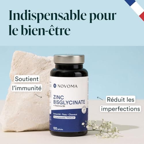 Zinc Bisglycinate 15 mg TRAACS® + Vitamine B6 Bioactive | Haute Absorption & Haute Teneur en Zinc | Complement Alimentaire Immunité & Acné | 120 Gélules | Fabriqué en France | Novoma (ex Nutrivita)