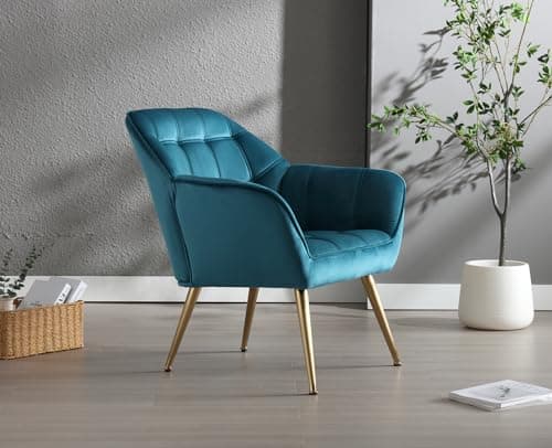 Wahson Fauteuil Salon Moderne Fauteuil Velours avec Pied Doré, Fauteul Design Salon Rembourré Fauteuil Scandinave Fauteuil 1 Place pour Salon/Chambre, Bleu