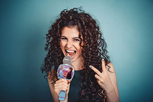 Lexibook- Microphone Bluetooth La Reine des Neiges 2 Elsa Anna Olaf avec Fonction Changement de Voix, Porte-téléphone Inclus, Enceinte intégrée, Bleu, MIC240FZ