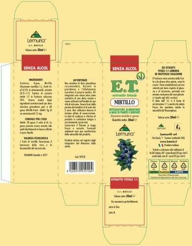 Lemuria - Myrtille E.T. - Favorise la motilité gastro-intestinale régulière - Complément alimentaire 100% naturel - 30 ml - Sans alcool ni lactose - Végan - Fabriqué en Italie