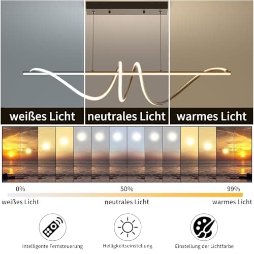Mikeru Lampe Pendante Led Moderne De 100cm, Dimmable pour Îlot De Cuisine Avec 3000/4500/6000k 3 Couleurs De Lumière 10% -100% De Luminosité Ajustable Avec Télécommande pour Salle À Manger, Bureau