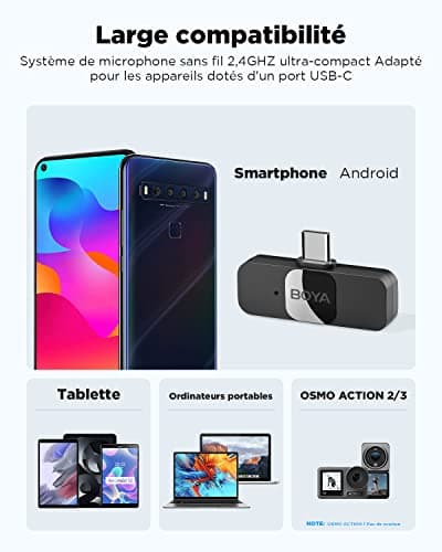 Boya BY-V10 Micro Cravate, Micro Cravate sans Fil USB-C pour Smartphone Android/Type-C/Gopro/Action 2/3 Micro Smartphone pour Podcast Facebook Youtube Vlogging Enregistrement Vidéo