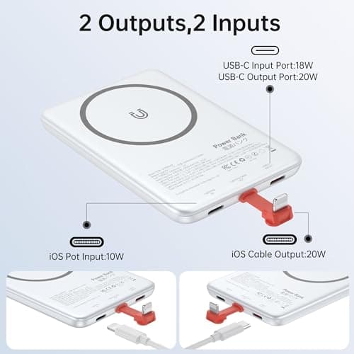 Magnétique Batterie Externe Ultra Mince, 5000mah Power Bank Slim Ultra avec Câbles Intégrés, USB C 20W Charge Rapide, Universel Chargeur Externe Portable pour iPhone 16 15 14 13 12 Pro Max, Samsung