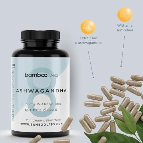 Bamboo Labs - Ashwagandha avec Extrait Sec de Withania Somnifera, Favorise l'Apparition du Sommeil, le Bien-être Intellectuel et Physique, 180 Gélules d'Aswaghanda Pendant 6 Mois.