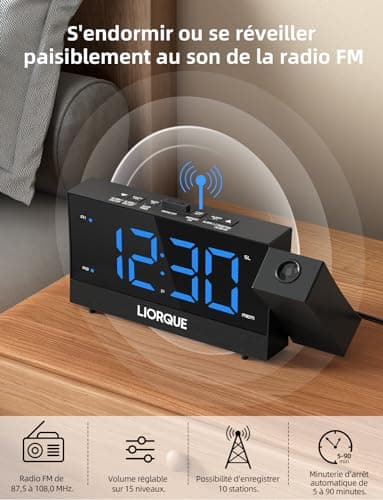 LIORQUE Radio Reveil Projection Plafond, Reveil Projecteur Plafond avec Double Alarme, Radio Réveil avec Grand Écran, Snooze, Réglage de Luminosité Infini, 2 Ports de Chargement USB